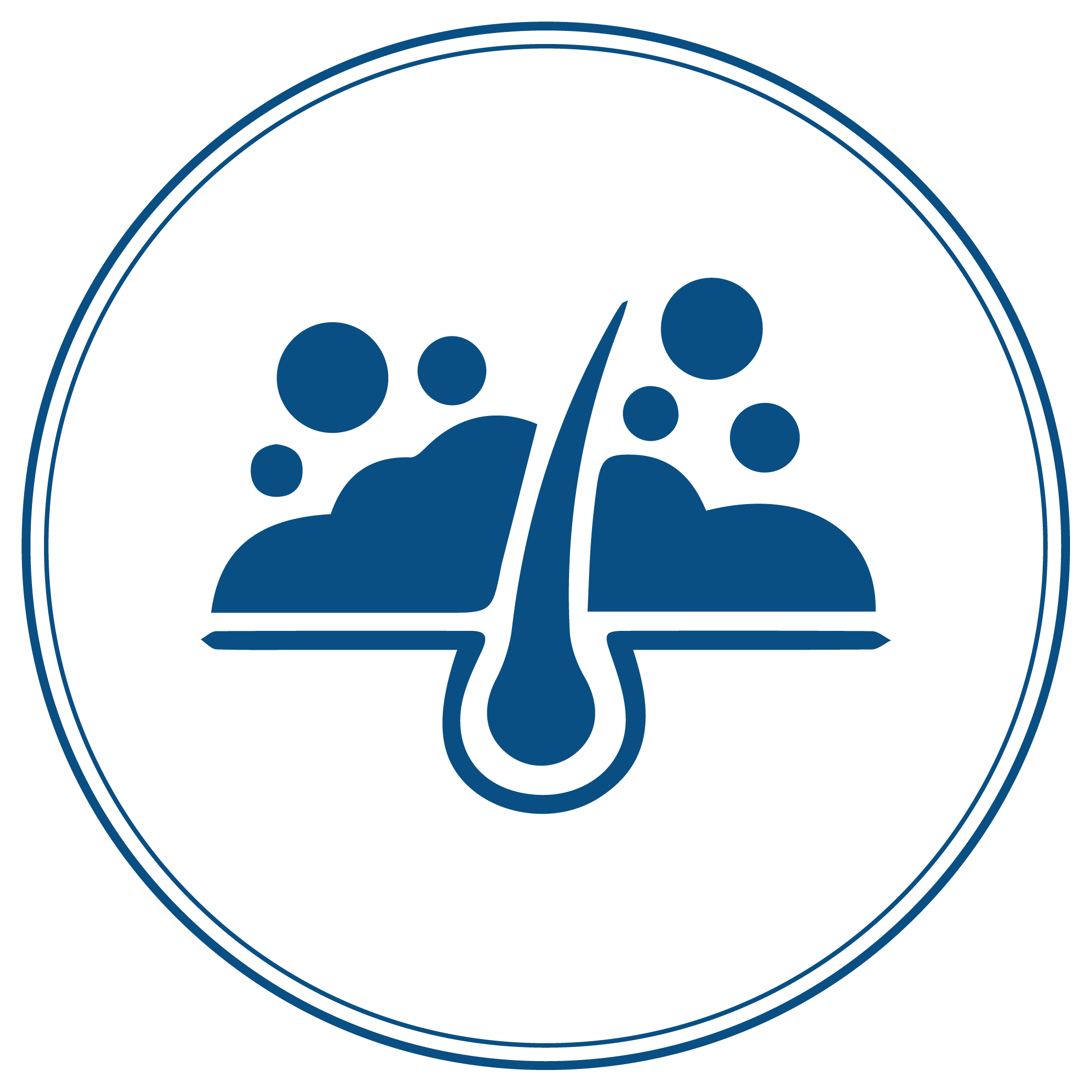 A blue icon of a hair follicle and bubbles, representing cleansing, inside a double-lined circle.