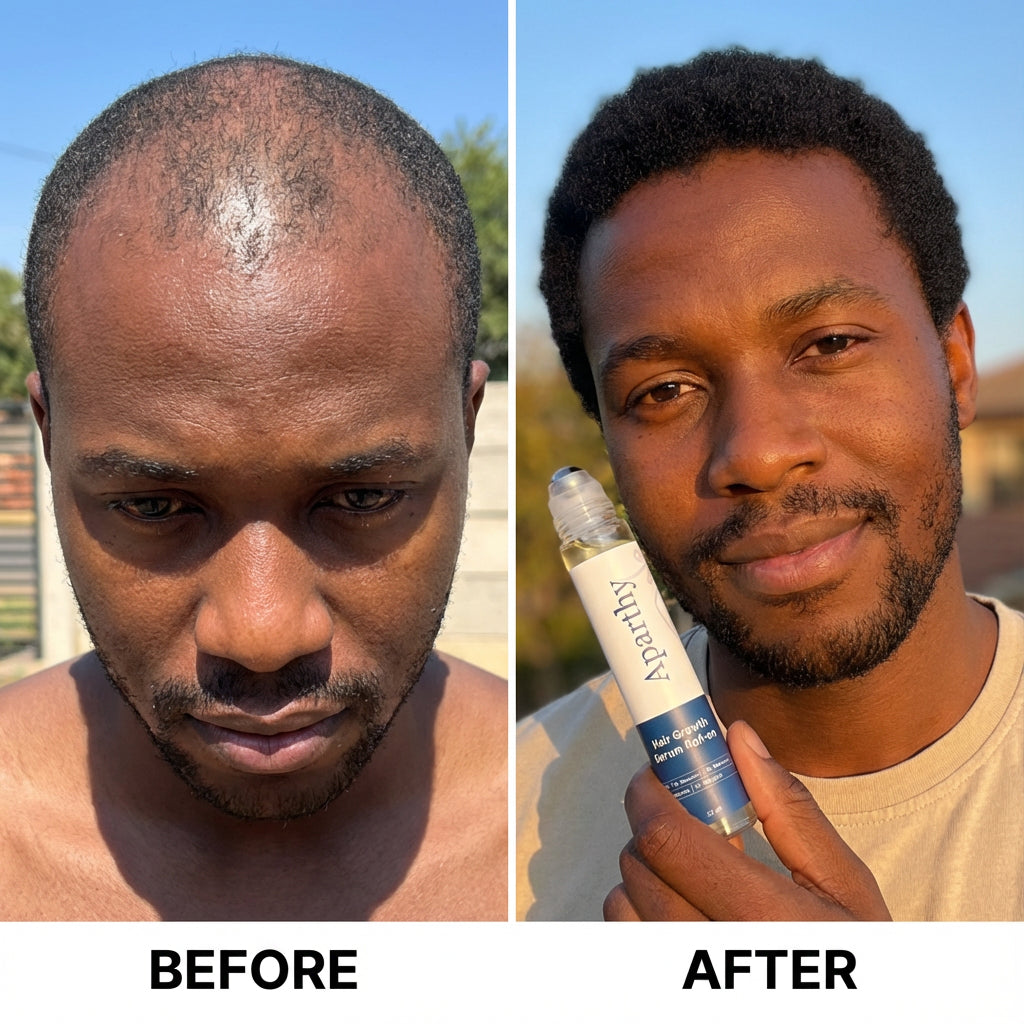 A before and after comparison of a man's hair, showing thinning hair then thicker, fuller hair.