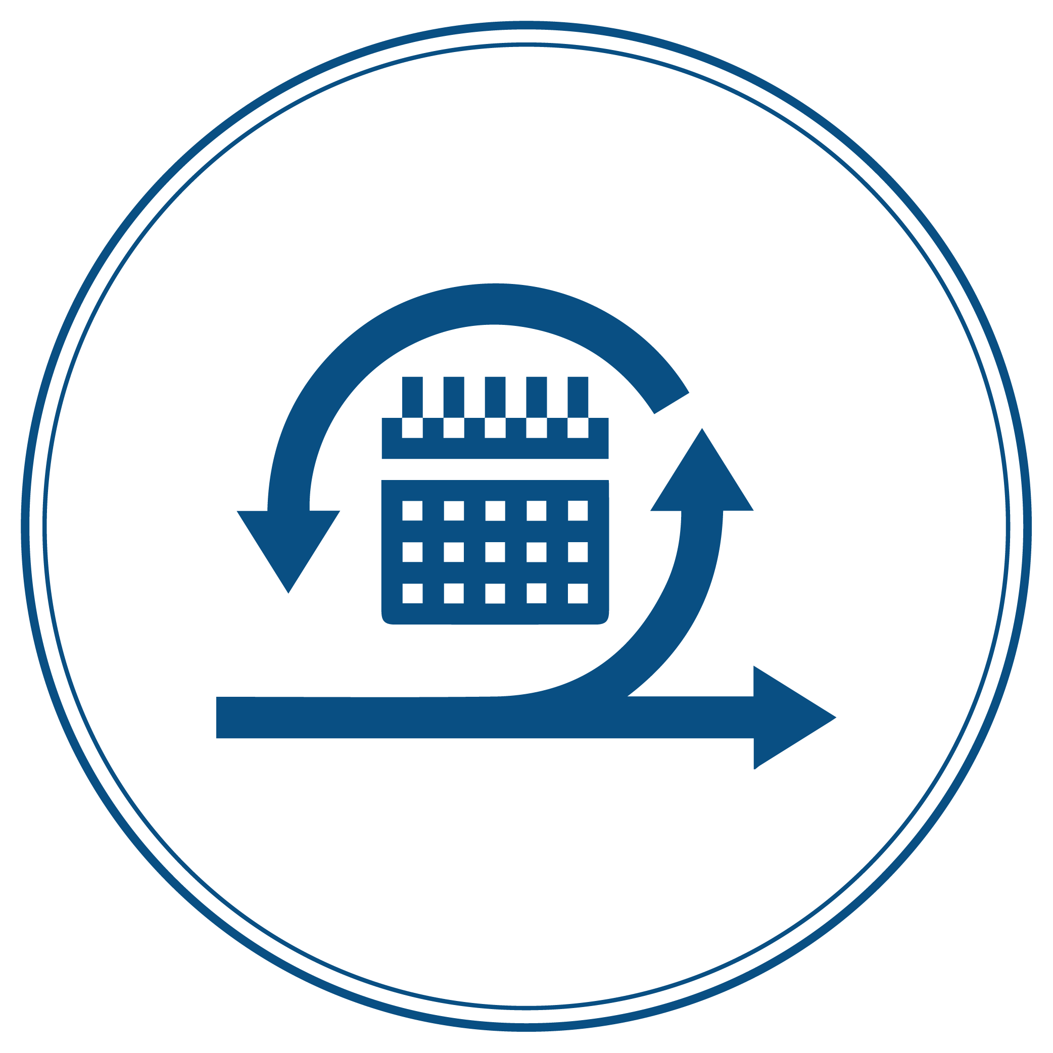 A blue icon of a calendar with looping arrows symbolizing an iterative process, inside a circular border.